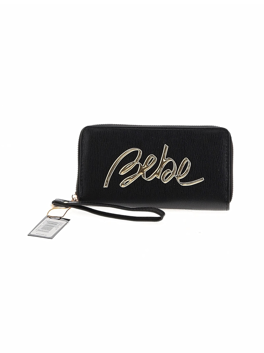 bebe Black Wristlet Zip Wallet with Gold Script Logo